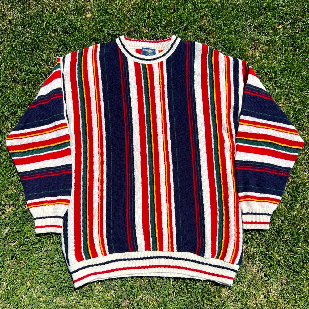 Mens vintage 90s coogi style multicolor knit striped sweater crazy rare crewneck